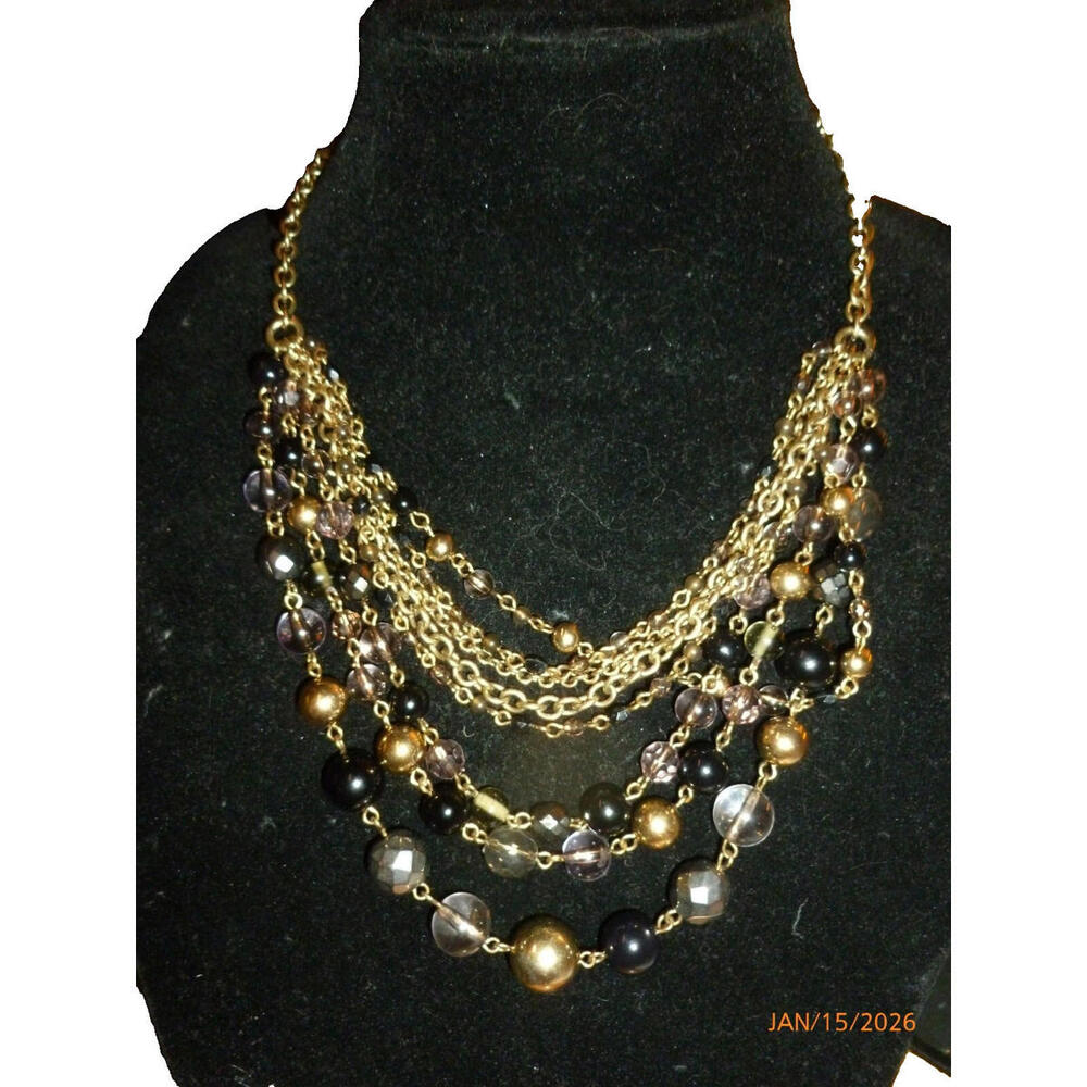 Vintage Lia Sophia Multi Strand Gold Tone‎ Chain Bead Necklace 16"